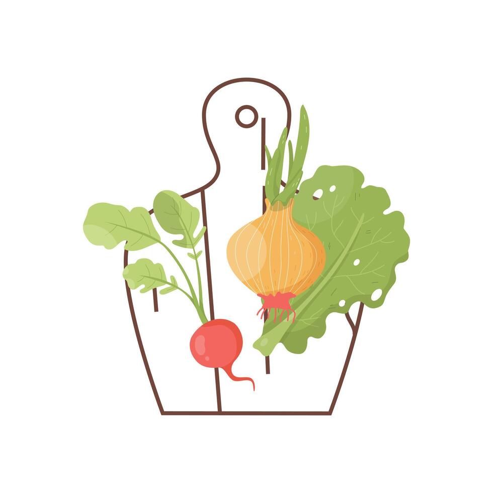 Cutting board with vegetables. radish, onion, lettuce leaf vector