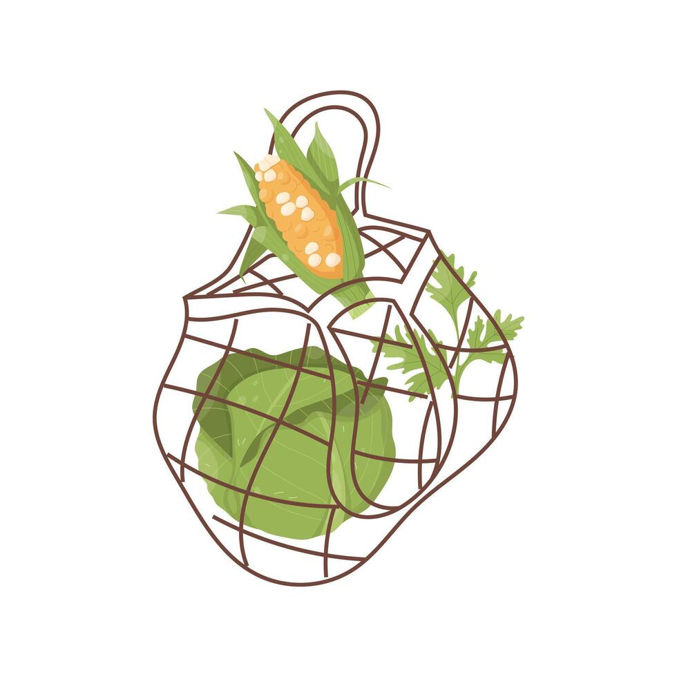 String bag with cabbage, corn, greens. Eco-friendly consumption vector