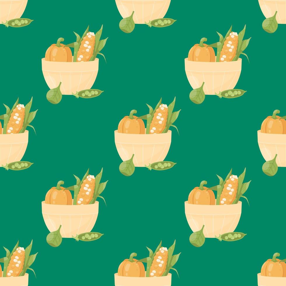 Plate with vegetables seamless pattern on a green background vector