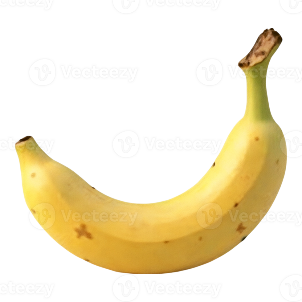 A banana is shown in its natural state, with a few brown spots on its skin png