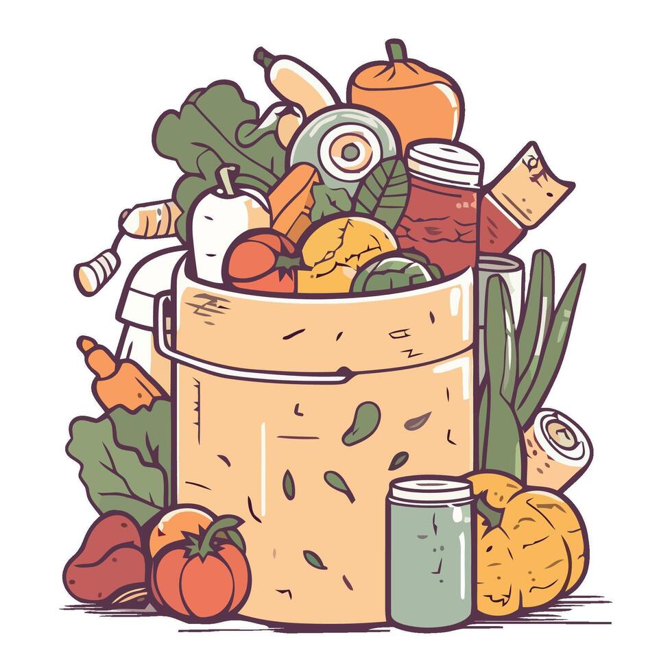 A bucket full of vegetables and fruits vector