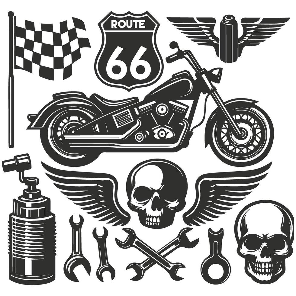 Black and white collection of motorcycle emblems and symbols vector