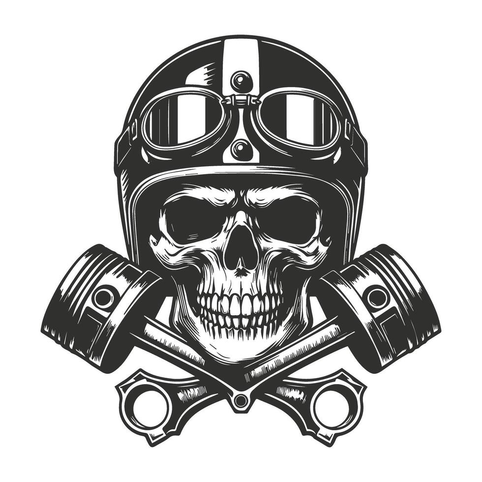 Skull wearing a helmet and holding two pistons vector