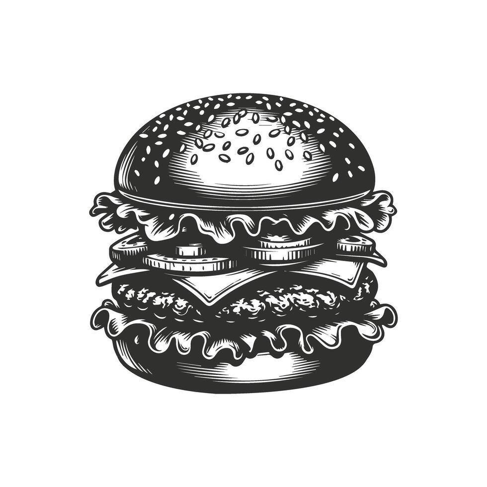 Black and white bold line art and silhouette design of Burger vector