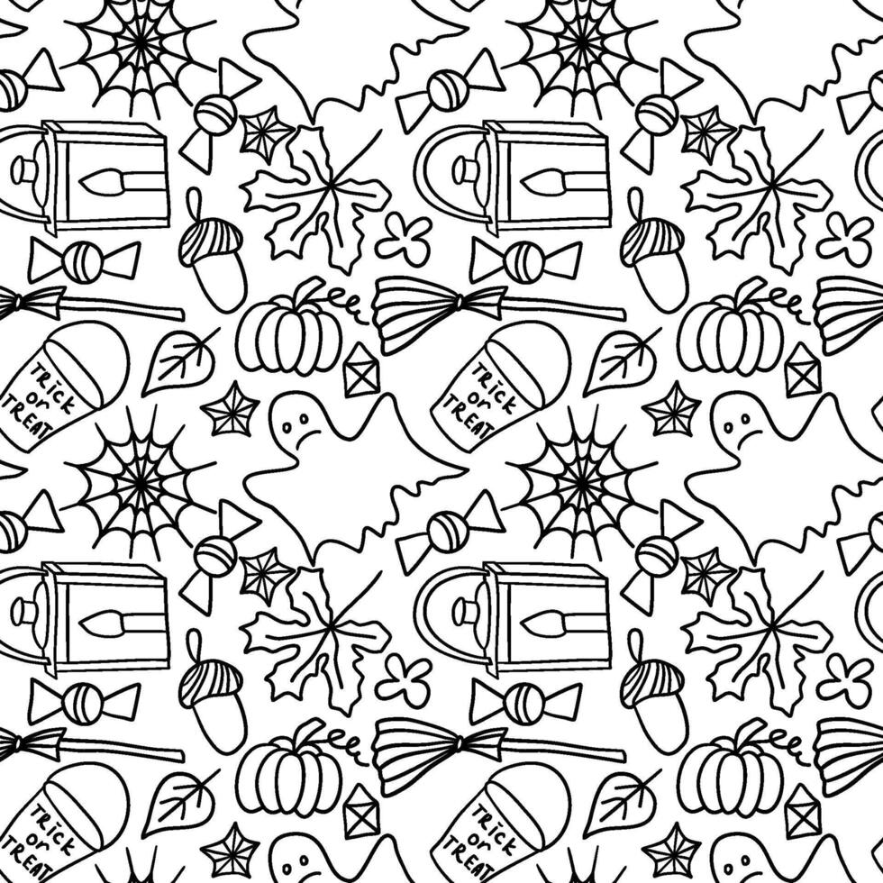 Seamless holiday pattern with Halloween decorations in doodle style vector