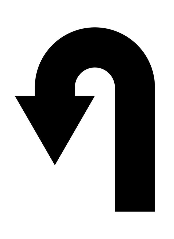 arrow pointing back, black and white silhouette illustration of curved arrow turn back shape symbol, isolated on white background vector
