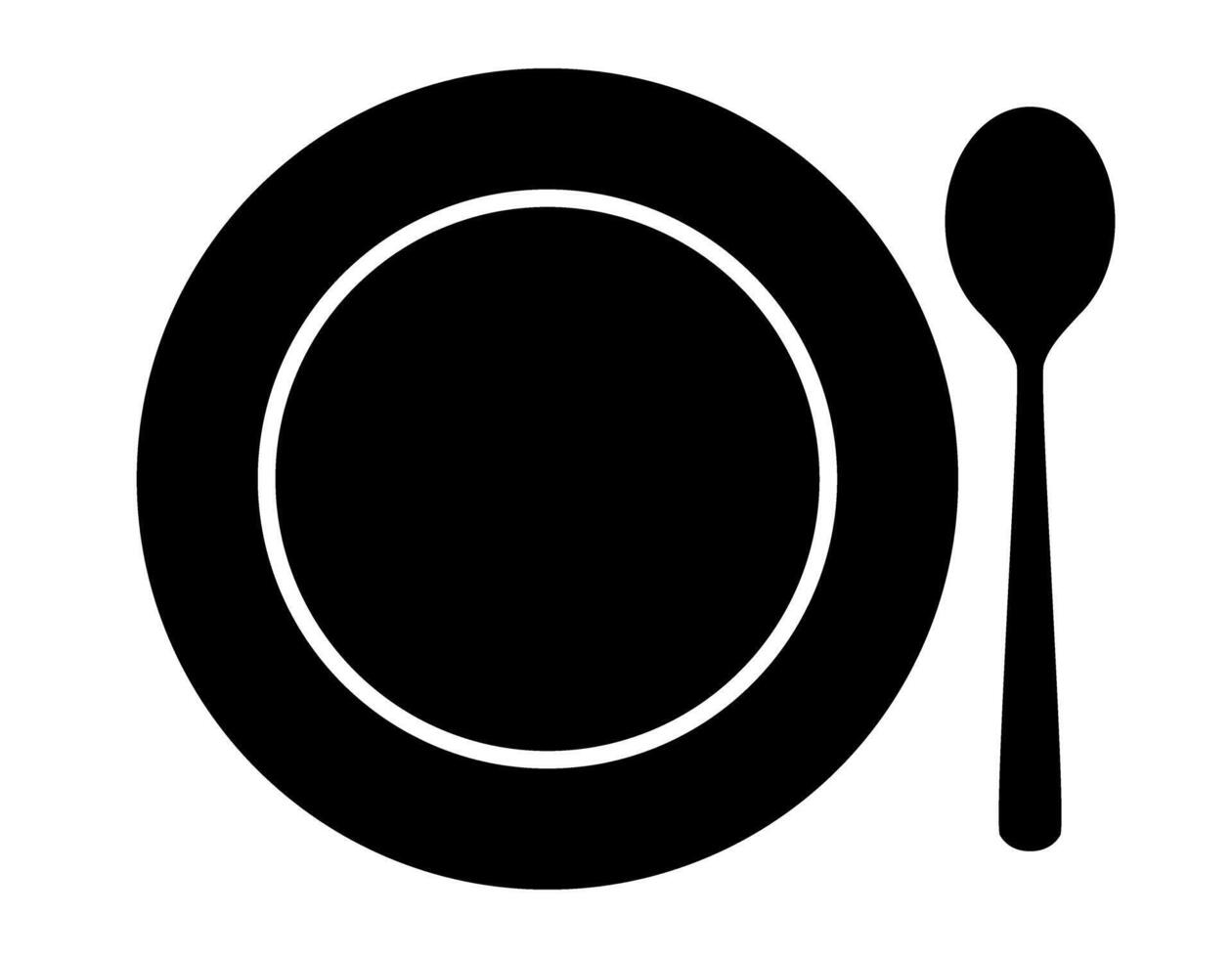 place setting cutlery - spoon and plate silhouette shape, black and white illustration, white background vector