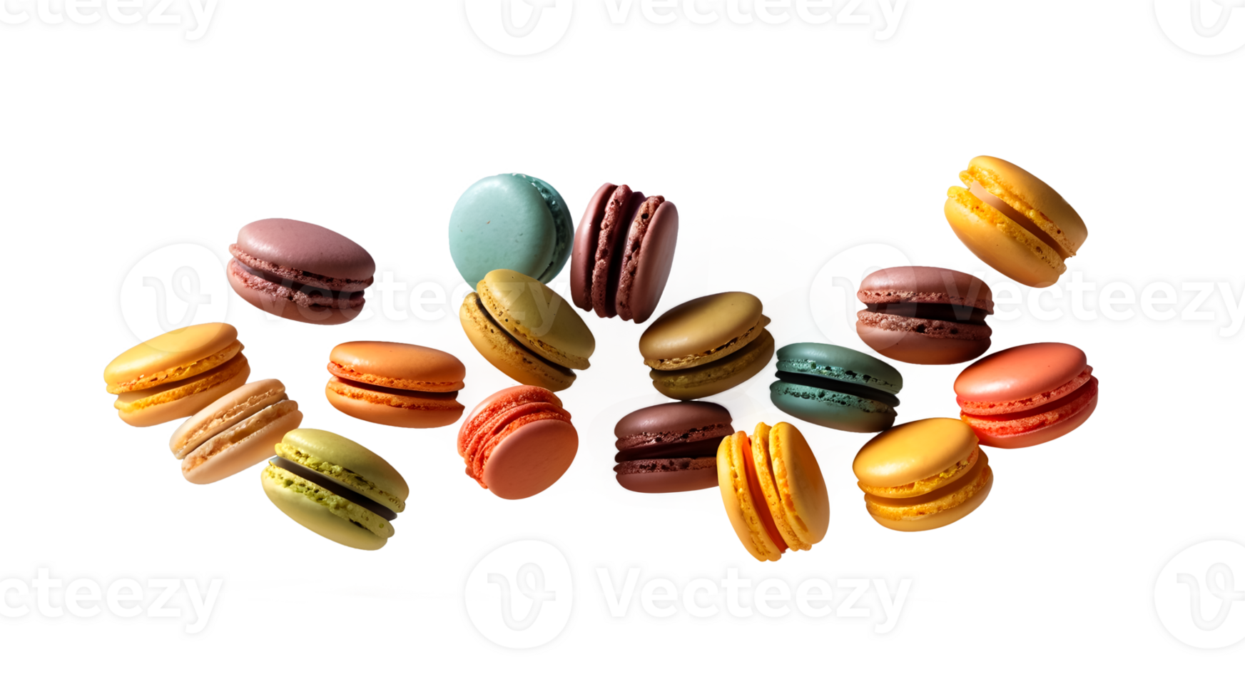 Various colorful of macarons floating on the air isolated on clean transparent background png