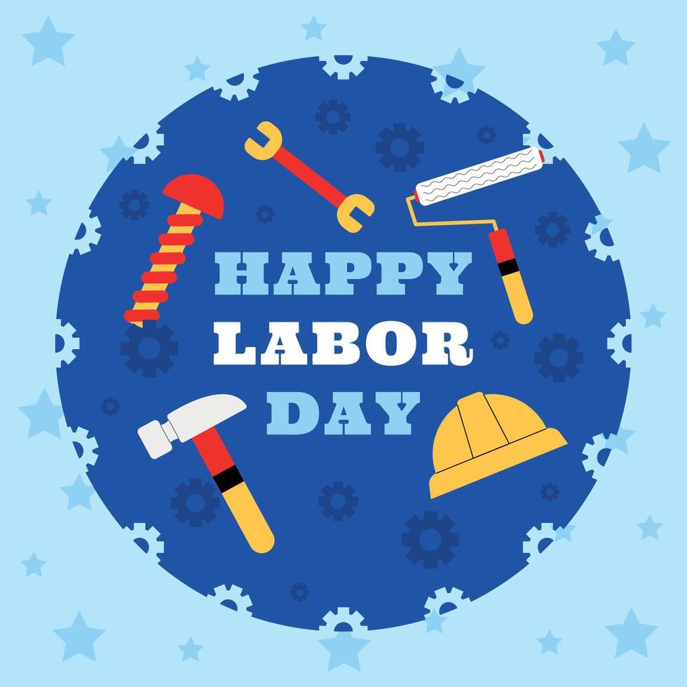Labor Day graphic with tools and gears on blue background vector