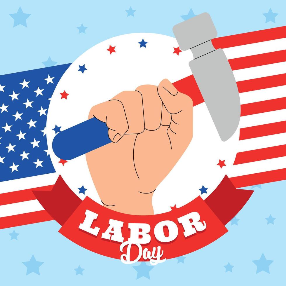 Labor Day graphic with fist holding hammer and flag vector
