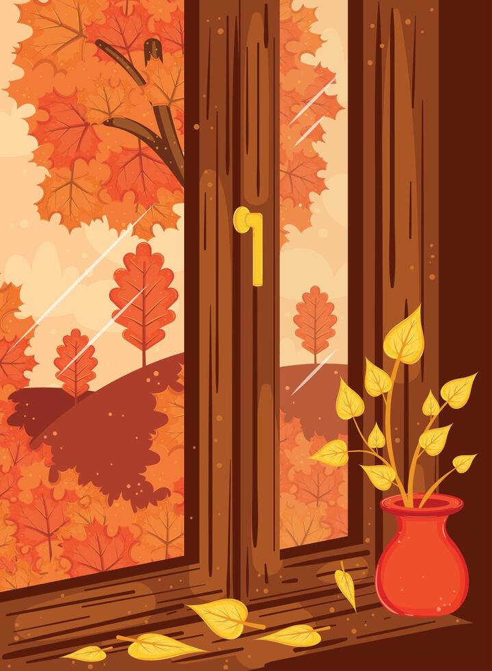 Autumn Foliage Outside Window with Vase of Leaves vector