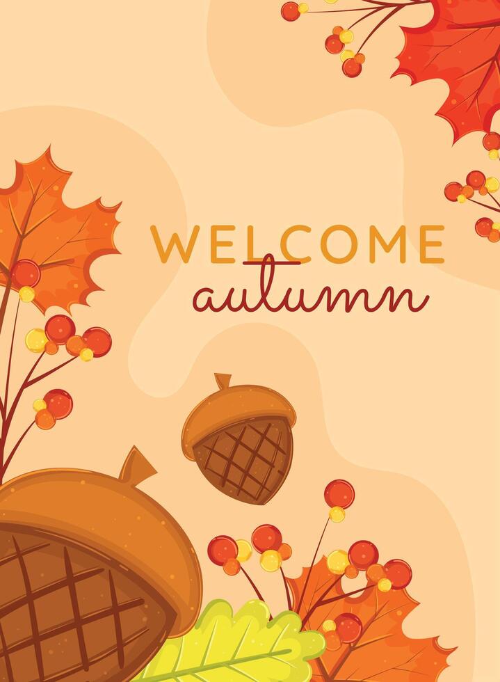 Autumn greeting card with acorns and fall leaves vector