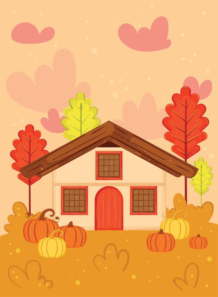 Autumn landscape with House and pumpkins vector