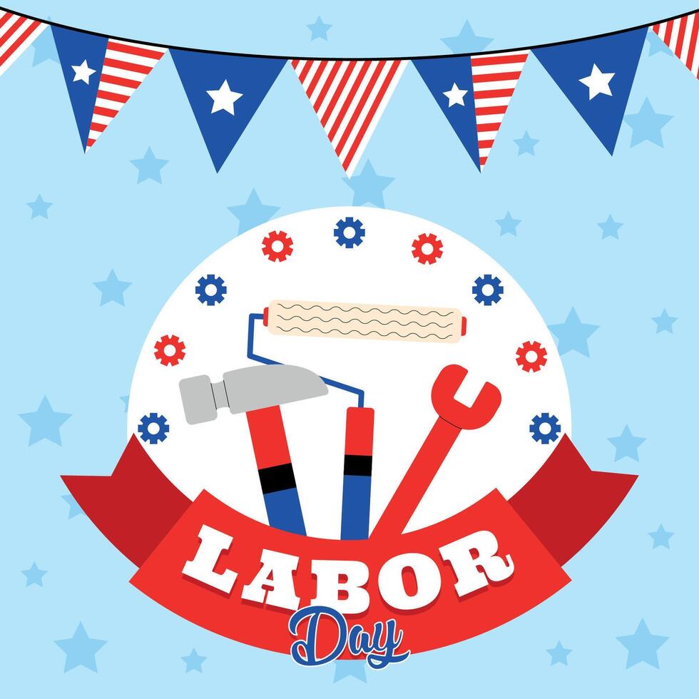 Labor Day graphic with tools and patriotic banner vector