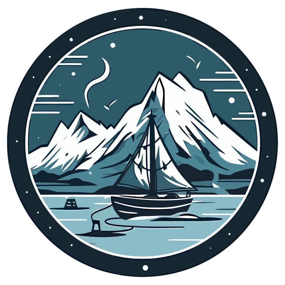 A boat in the ocean with mountains in the background vector