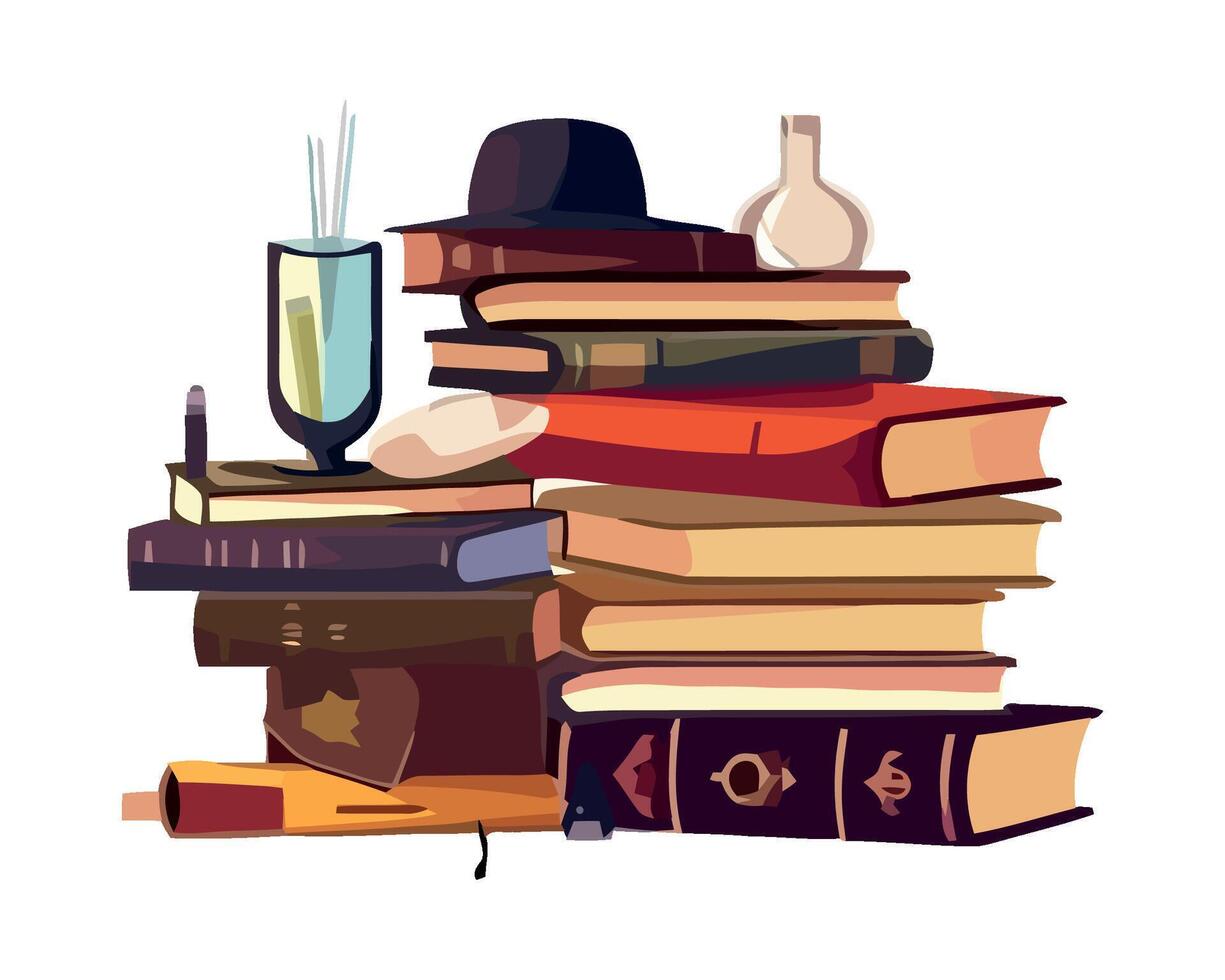 A pile of books with a hat and glasses vector