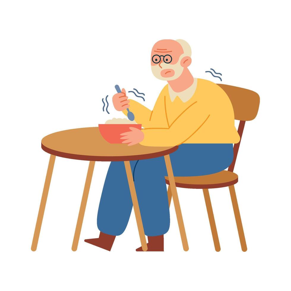 An elderly man sitting at a table with a bowl of soup vector