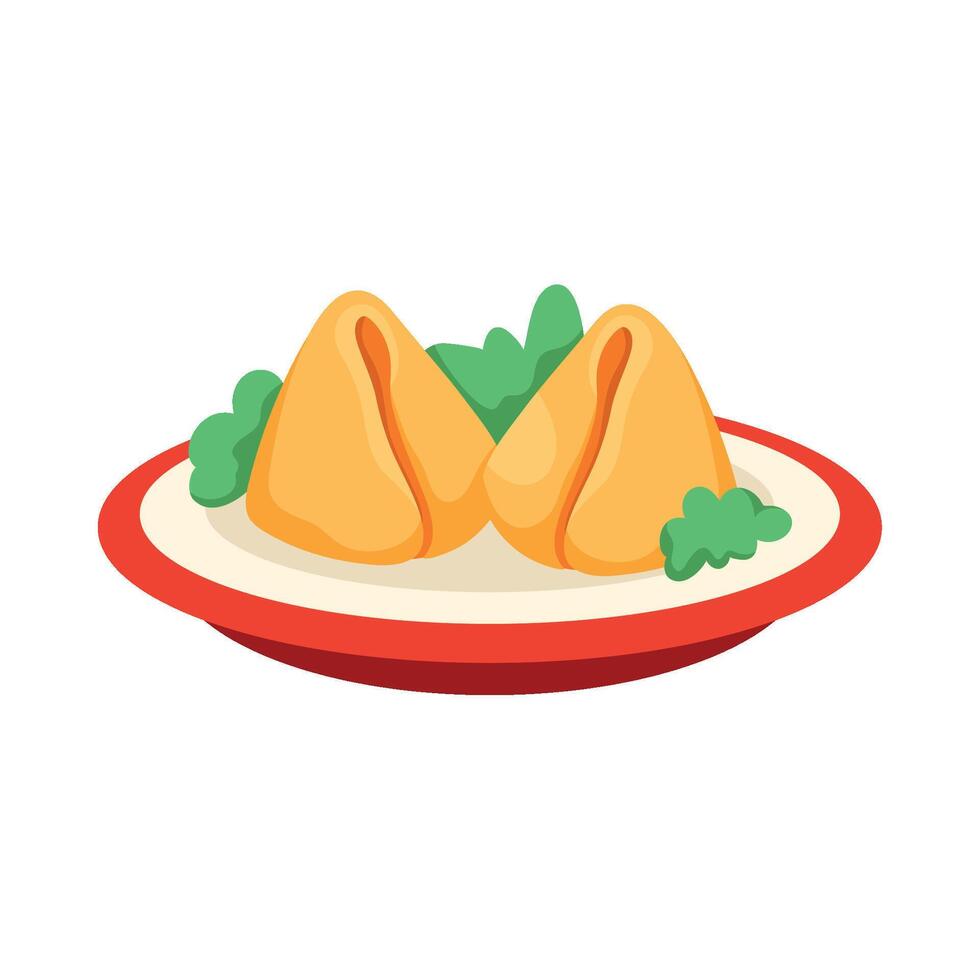 Two fried dumplings on a plate with green leaves vector