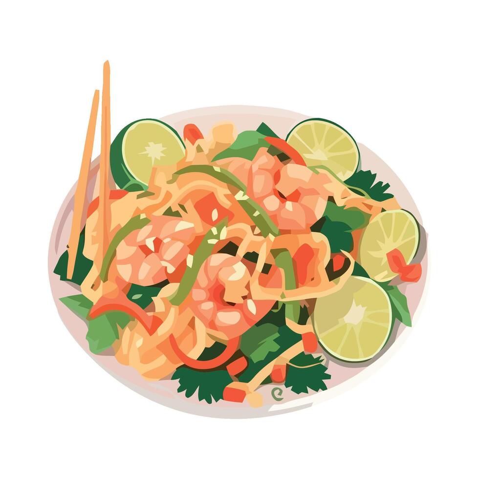 Thai noodles with shrimp and vegetables on a plate vector