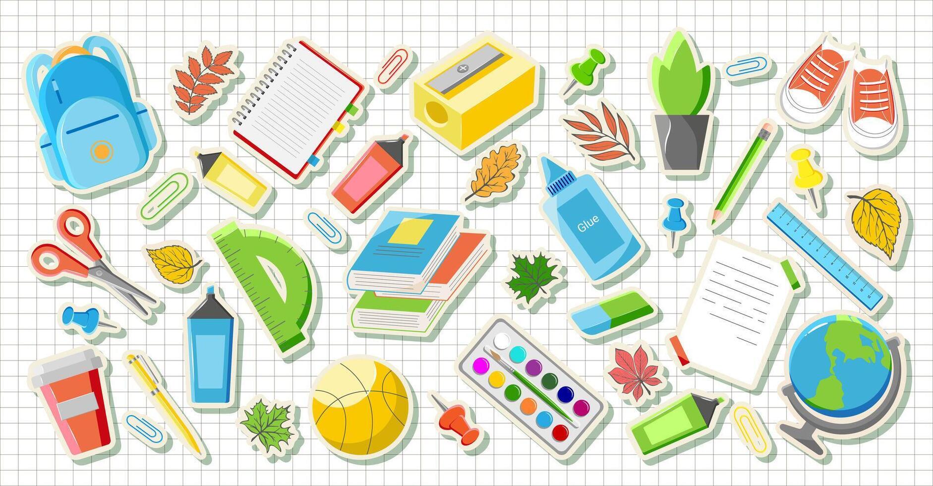 Collection Modern Stickers Supplies for kids on Squared noteb. Set trendy school elements. Cartoon education stickers. Back to School Icons, Book, Pencil, Backpack, Globe, Ruler, Scissors, Sneakers. vector