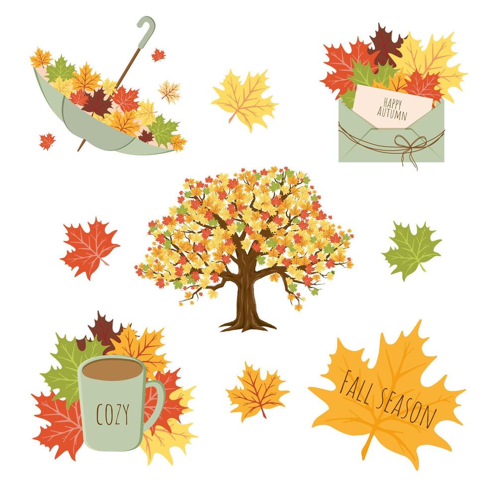 Fashionable Colorful Autumn Stickers Flat Style on white background.Trendy Season Icons Fall. Illustration Umbrella with Leaves, Envelope with Branches, Maple Tree, Hot Chocolate, Autumn Fox. vector