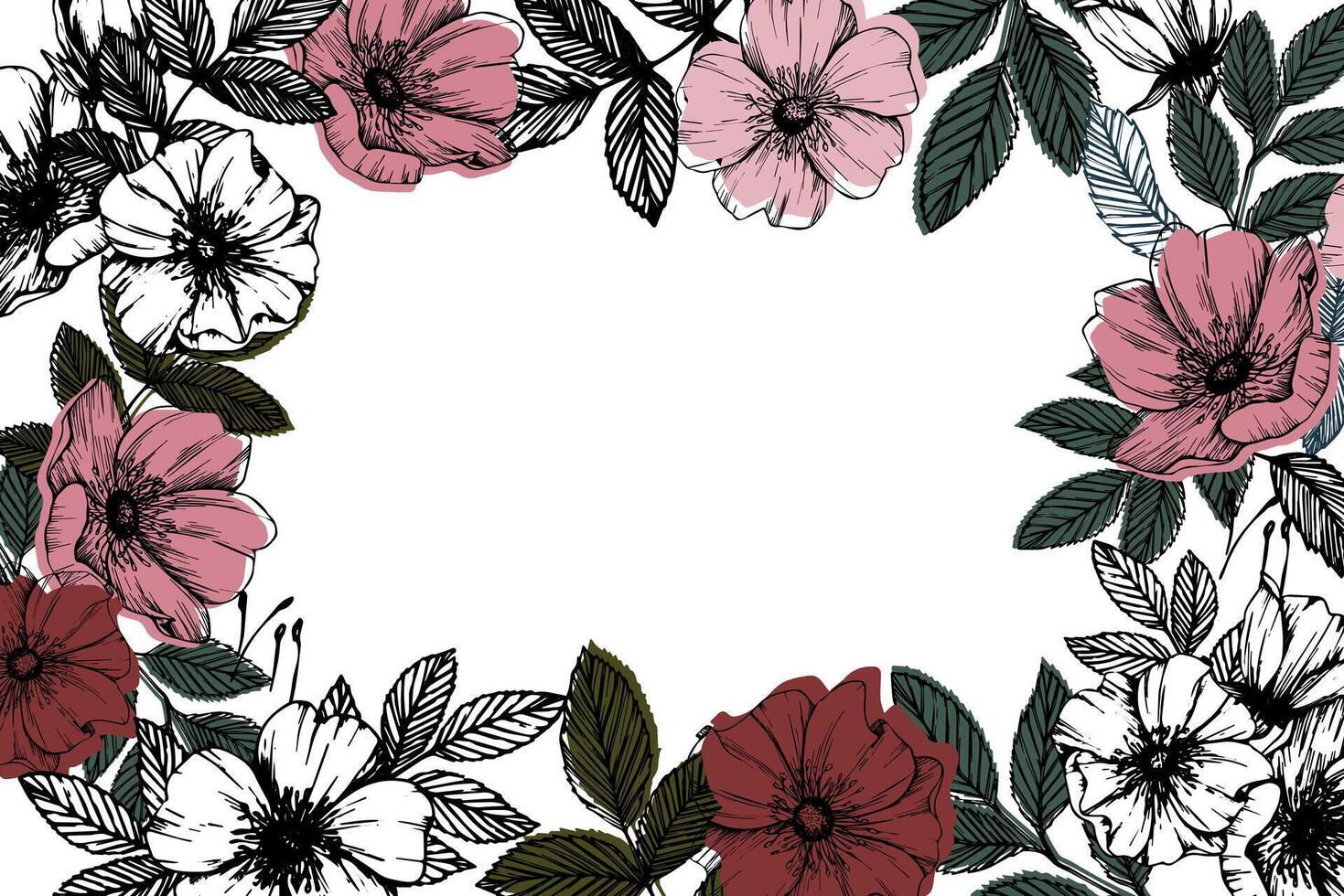 rosehip flowers frame in various shades of pink with green leaves for botanical art, floral designs, or natural-themed products. Elegant, detailed, and hand-drawn style template vector