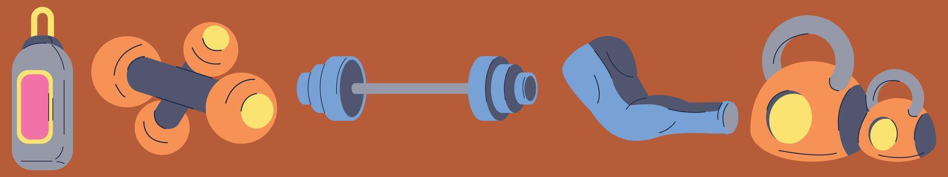 Fitness and Athletics accessories, Dumbell, Kettlebell, and other sports equipment. Design elements perfect for poster, invitation, sticker kit vector