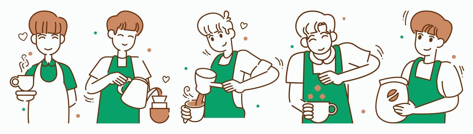 Set of Male Barista in Cafe, restaurant, fast food, professional kitchen, and coffee shop. Cute handdrawn cartoon characters vector