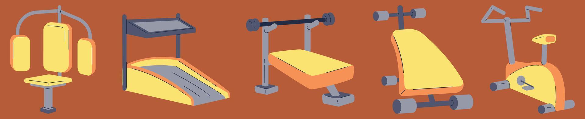 Fitness and Athletics accessories, Treadmills, Fitness Cycle, and other sports equipment. Design elements perfect for poster, invitation, sticker kit vector