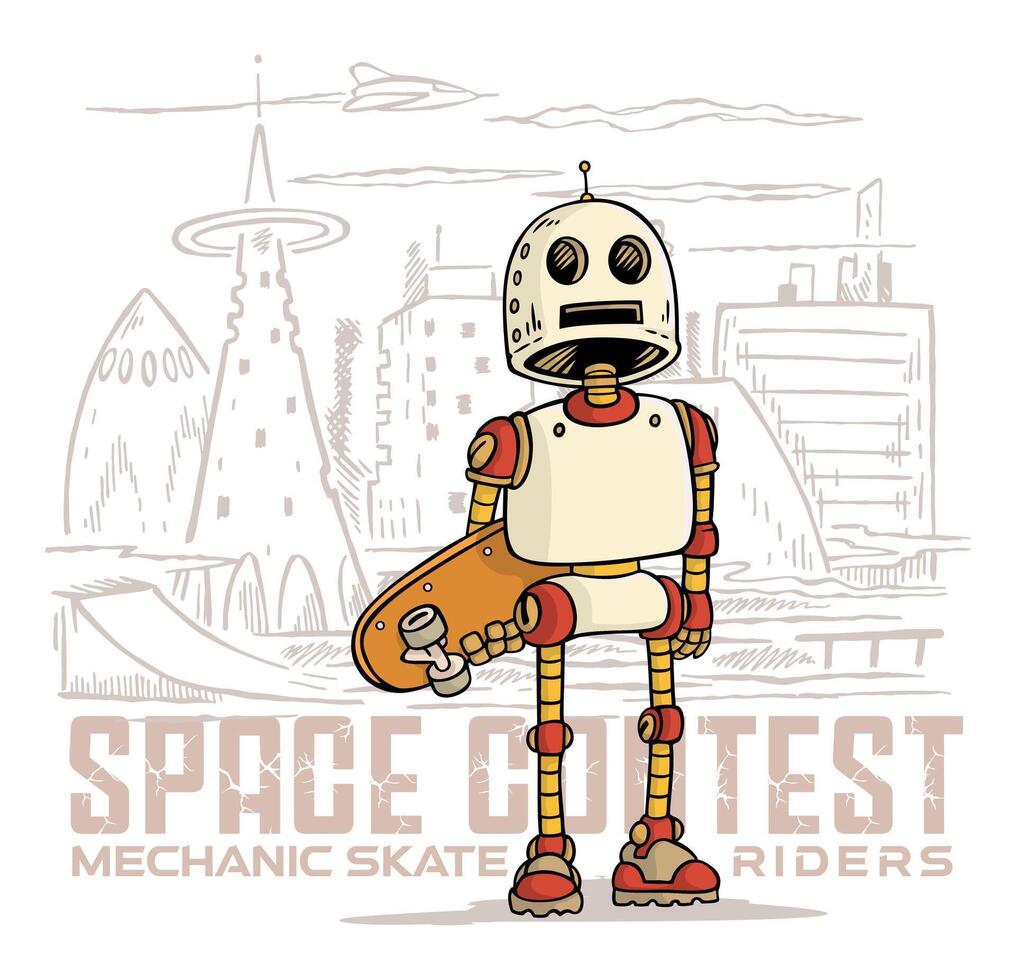 Robot skateboarder illustration. Old style art for t-shirt prints, posters, etc. Editable design. vector