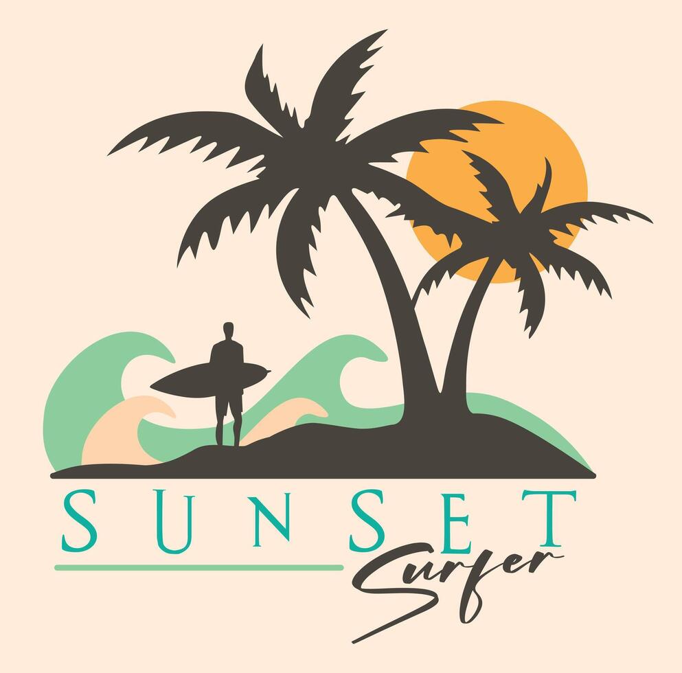 Graphic style illustration of surfer silhouette on beach landscape. vector