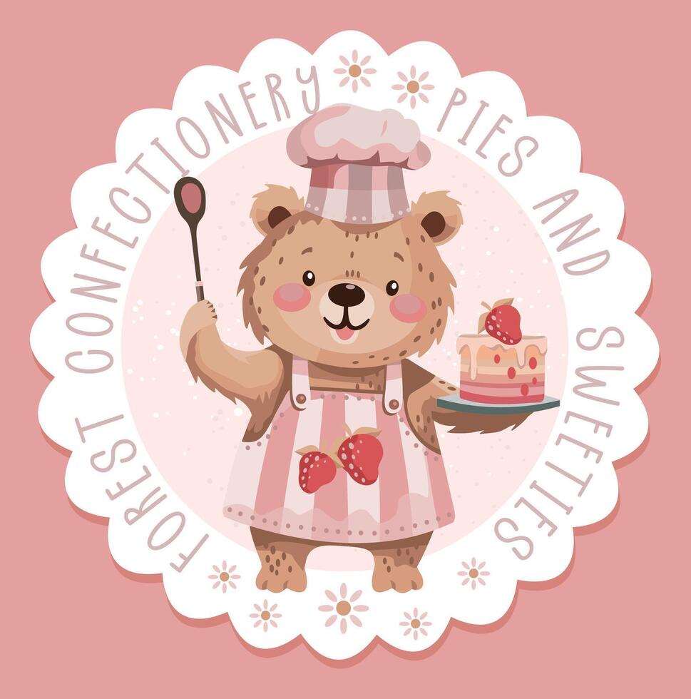 Illustration of confectionery label with bear in cartoon style. Delicate art in childish style. vector