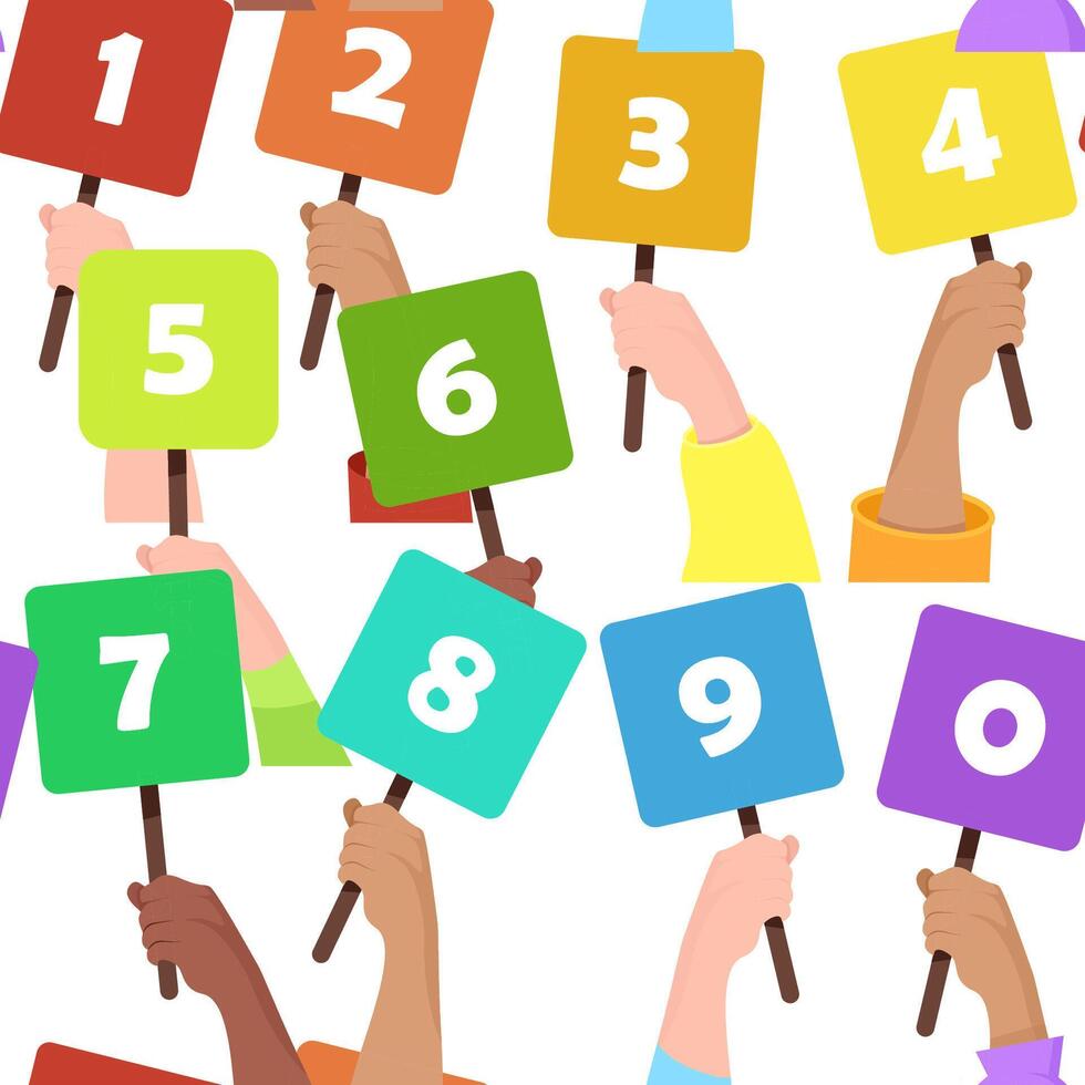 Seamless pattern of colorful cards with numbers held in hands on a white background vector