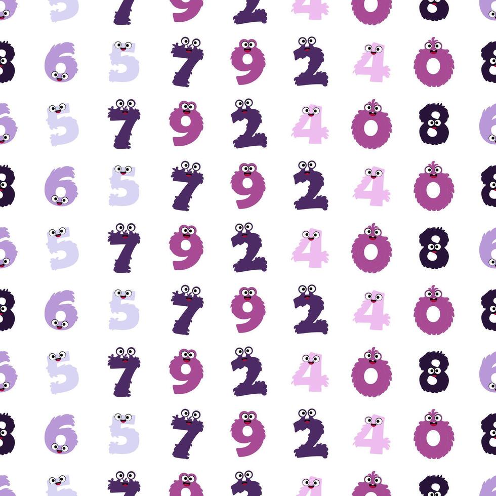 Seamless pattern of purple hairy cartoon monster figures on white background vector