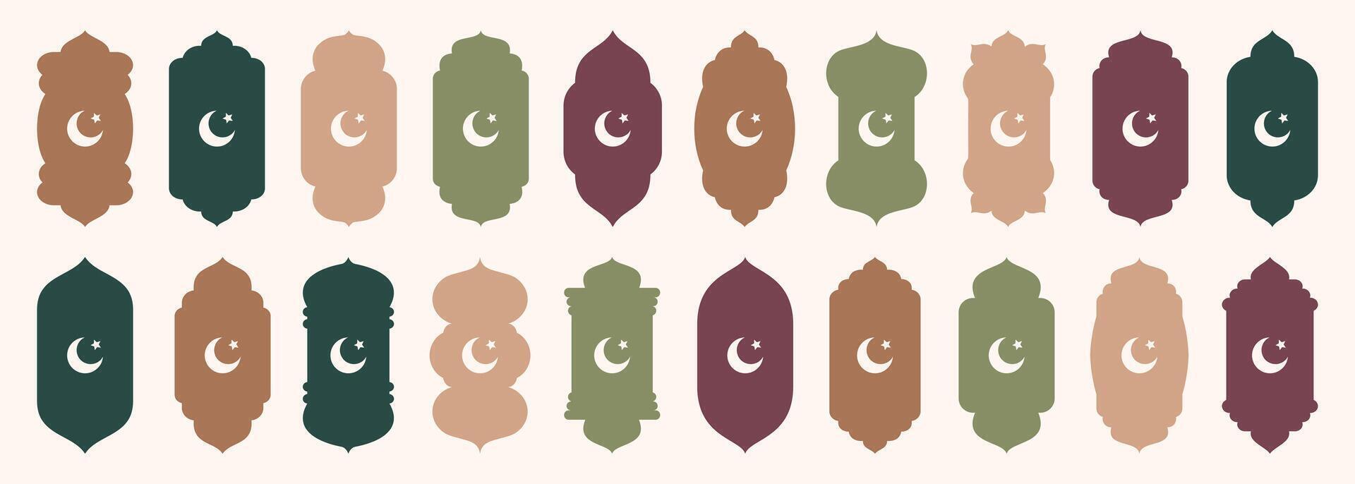 Shape Islamic door and window silhouette Arabic arch with crescent moon. Collection of patterns in oriental style. Frames in Arabic Muslim design for Ramadan Kareem. mosque gate isolated on vector