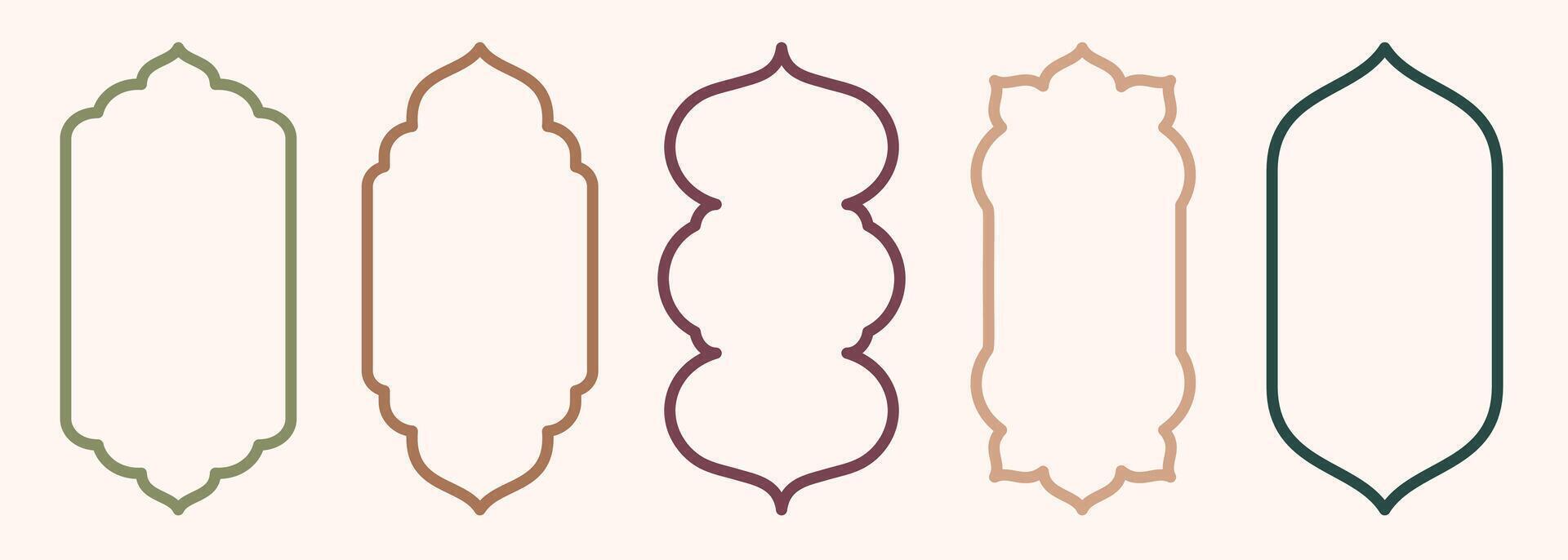 Shape Islamic door and window silhouette Arabic arch. Collection of patterns in oriental style. Frames in Arabic Muslim design for Ramadan Kareem. mosque gate stroke isolated on white vector