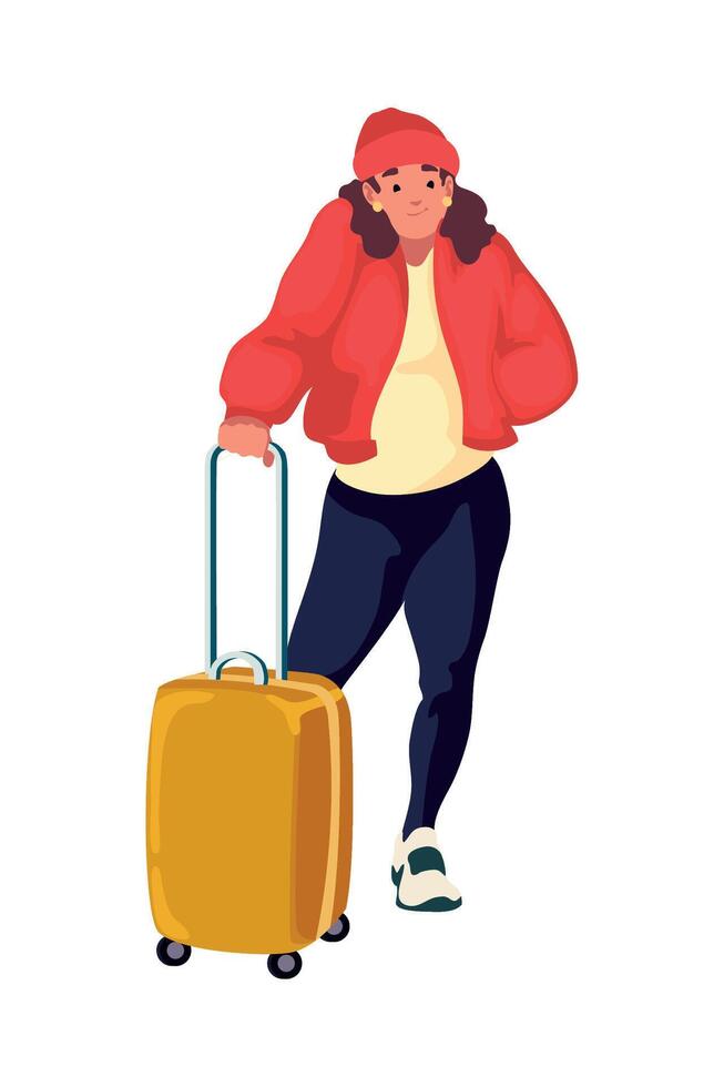 A woman with a suitcase and a red hat vector