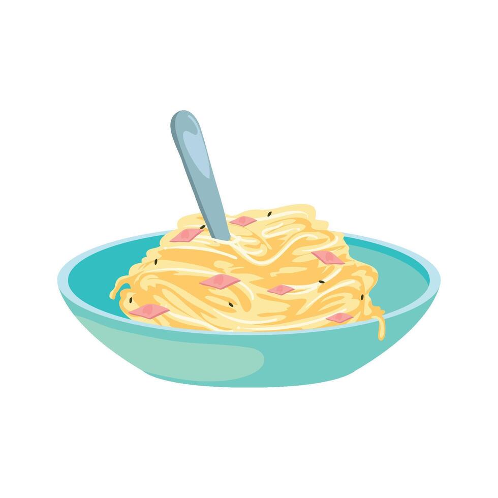 Pasta with ham and cheese in a bowl with a spoon illustration vector