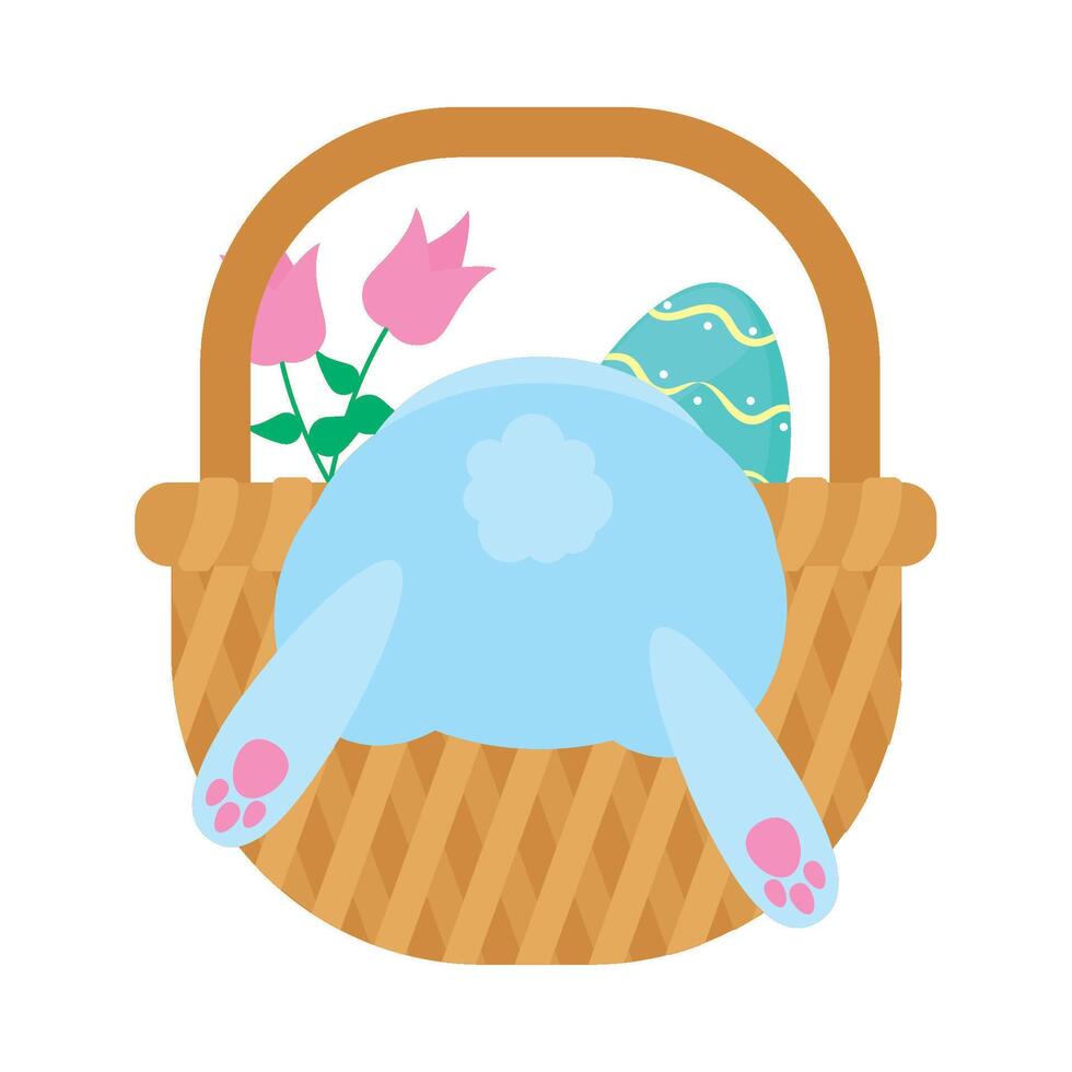 Easter bunny in basket with eggs and tulips vector