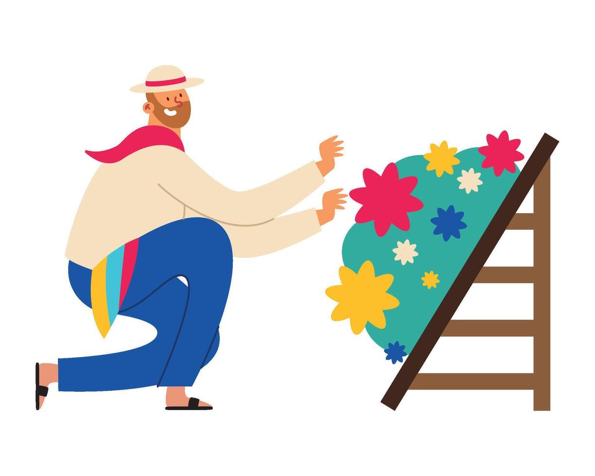 A man is putting flowers on a ladder vector