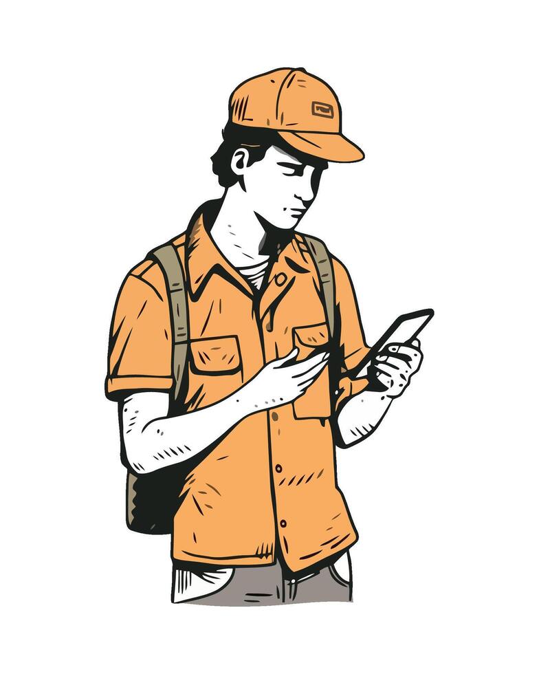 A man in an orange shirt and hat is looking at his phone vector