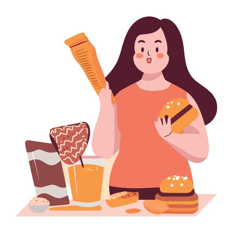 A woman is holding a hamburger and a drink vector