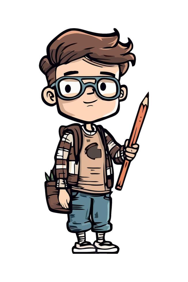 Cartoon boy with pencil and backpack illustration vector