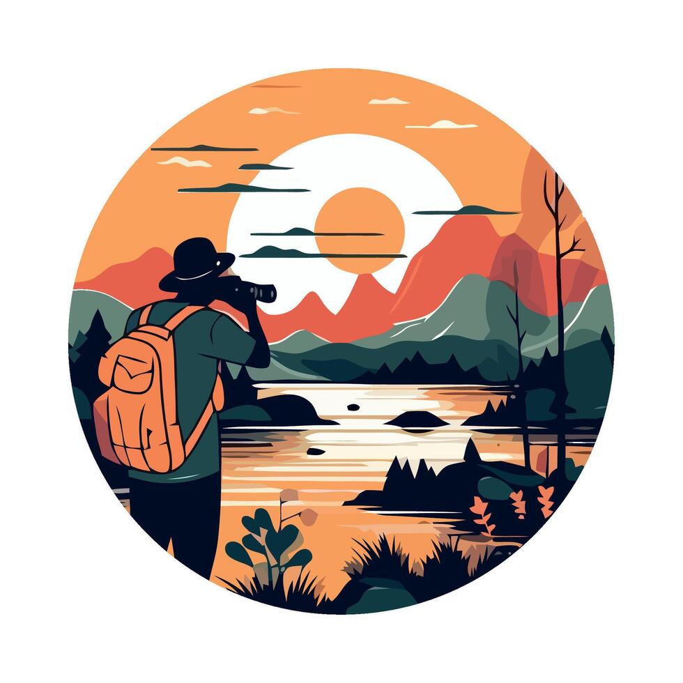 A man with a backpack is looking at the mountains vector