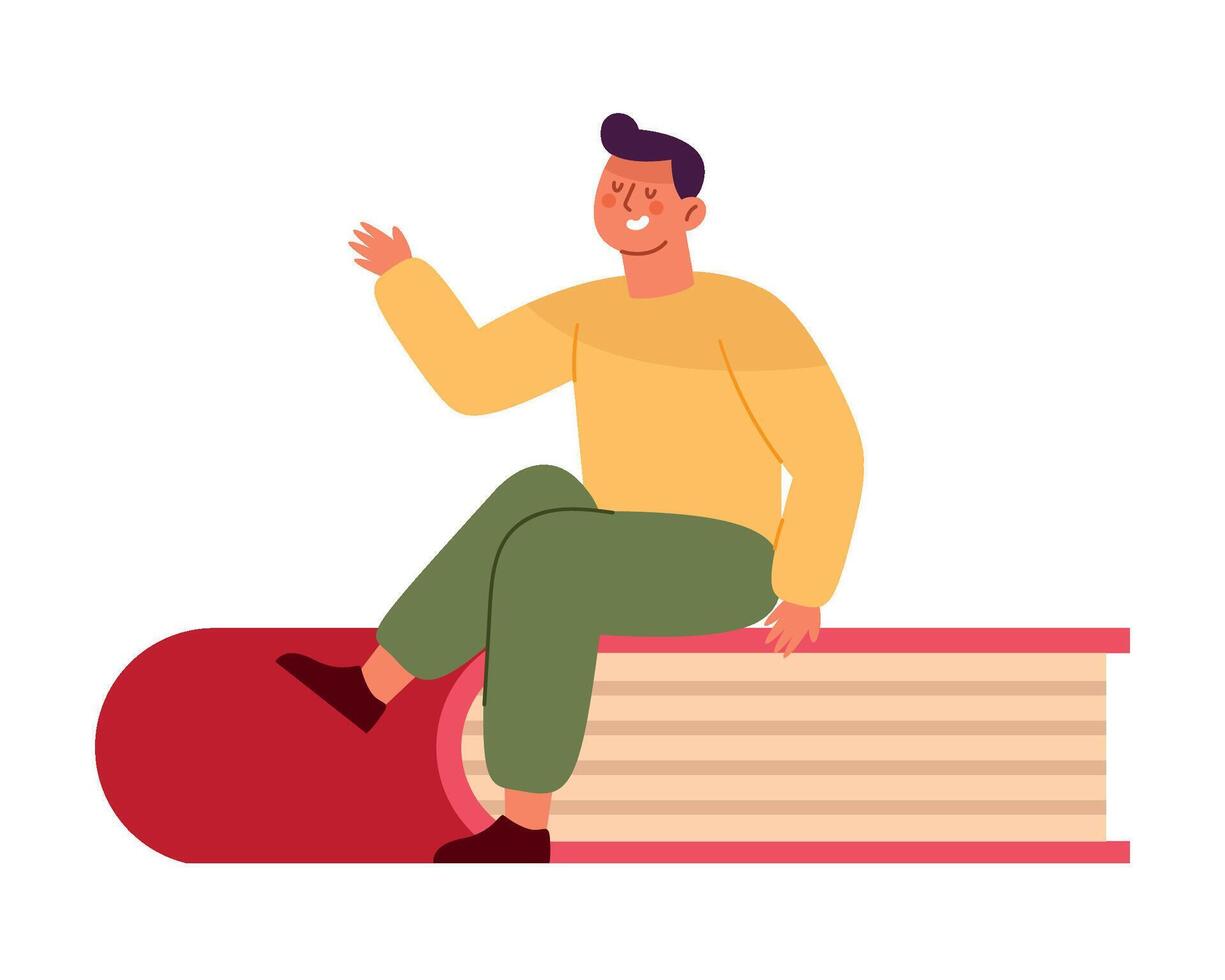 Man sitting on a book, waving his hand vector