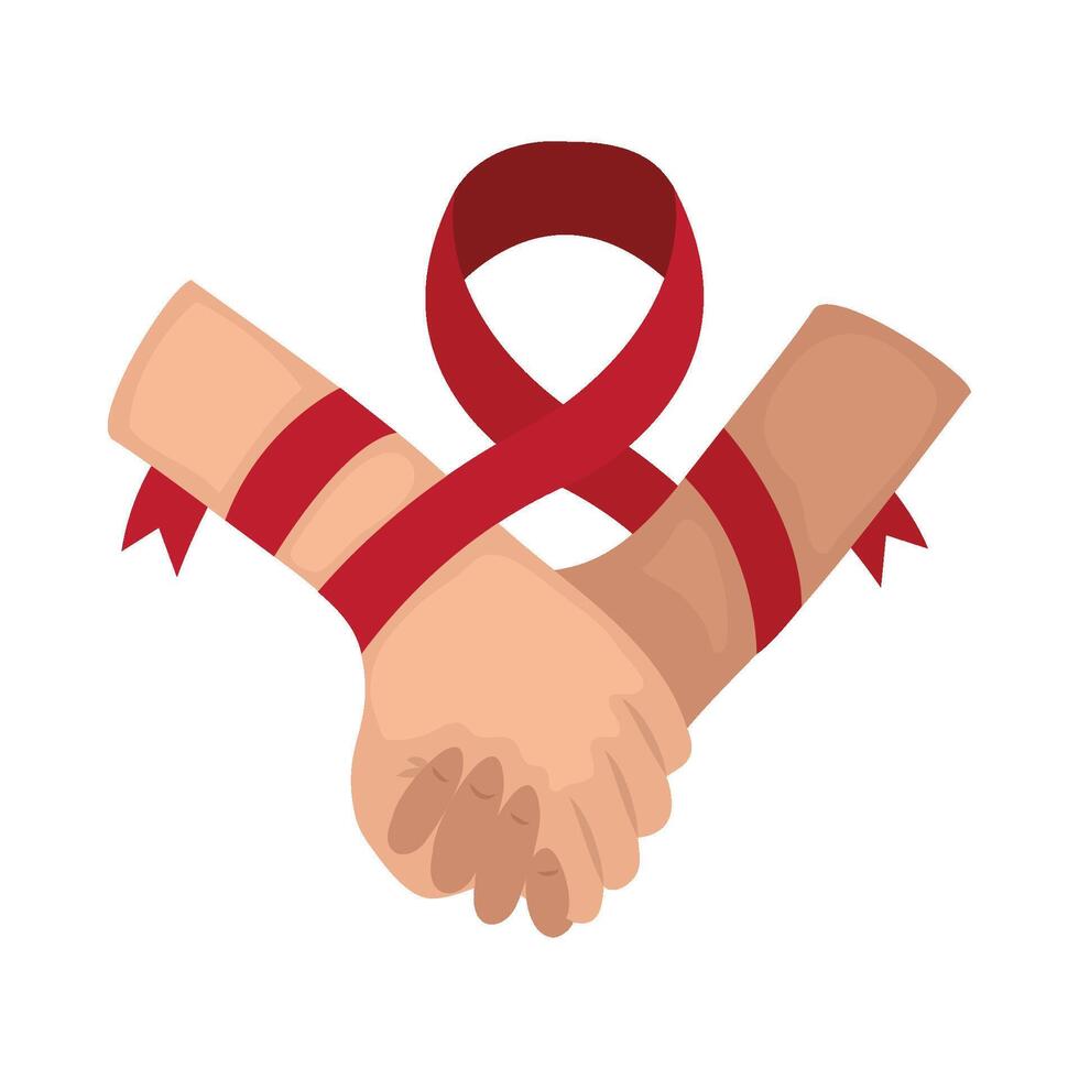 Two hands holding each other with a red ribbon vector