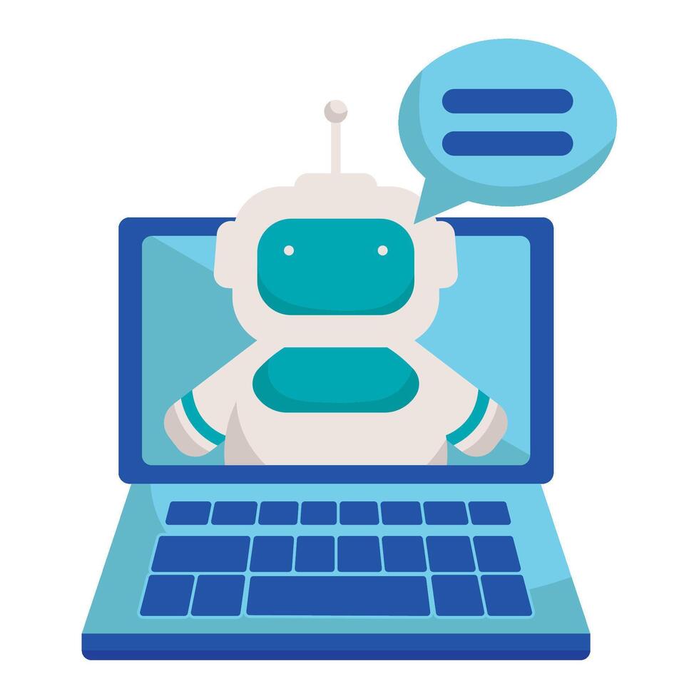 A robot is sitting on a laptop with a speech bubble vector