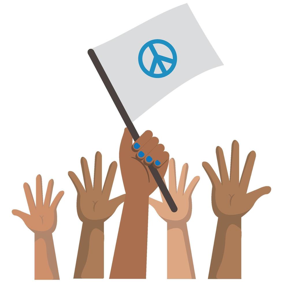 Hands raising a peace flag vector