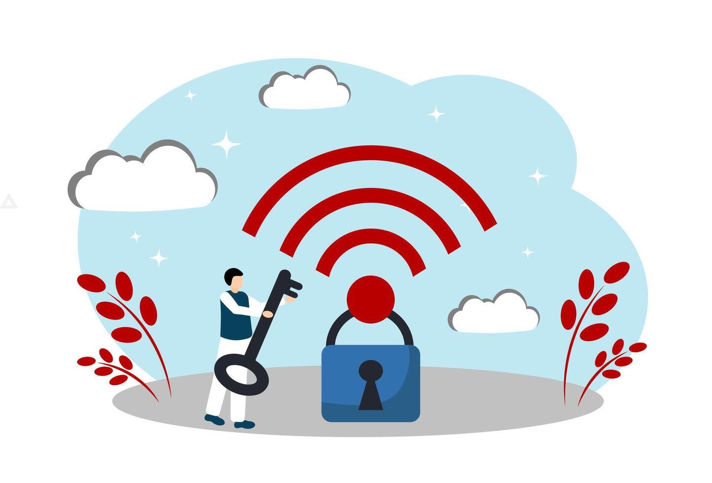 Wi-Fi password. Internet access is closed. Man with a key vector