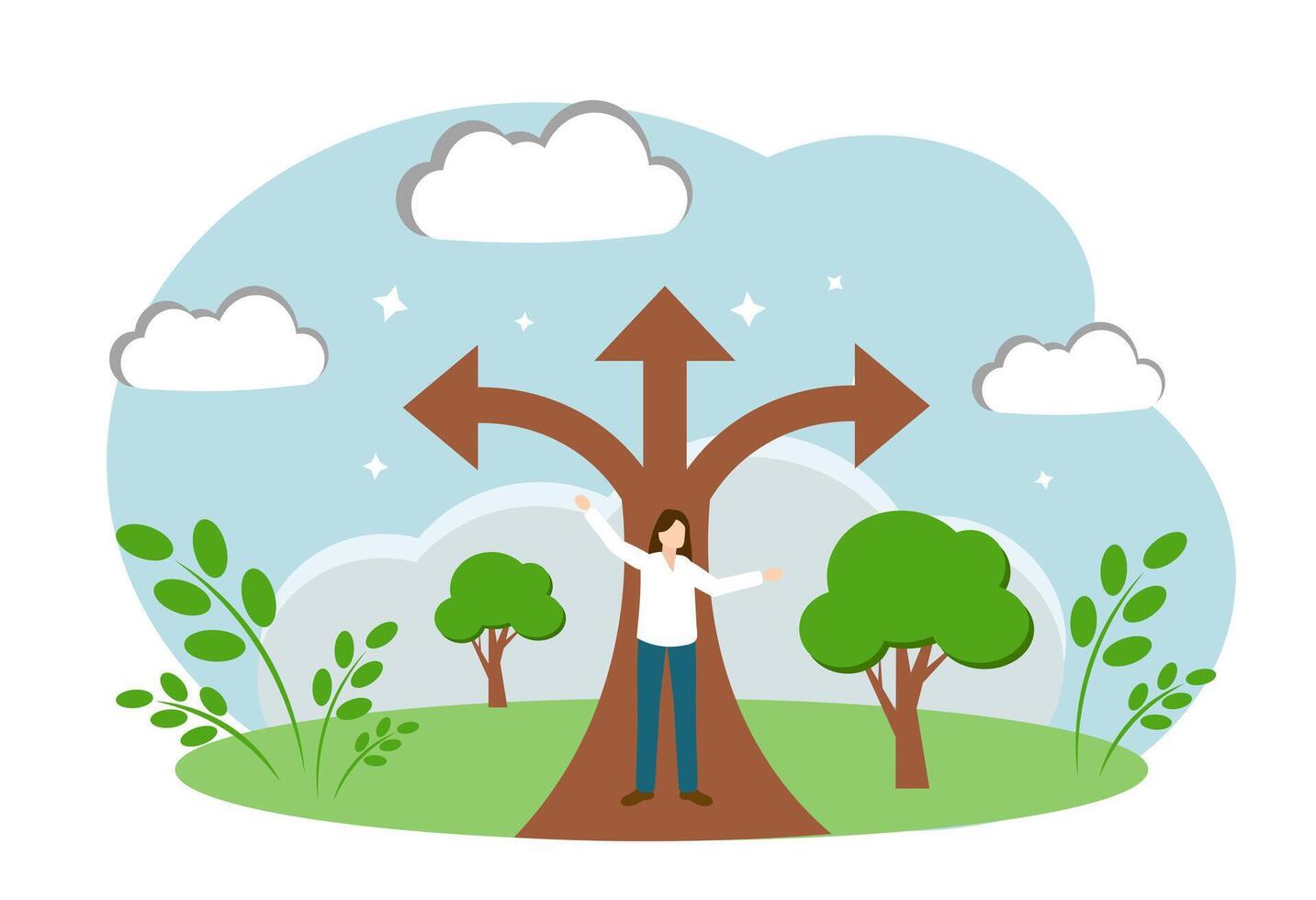A woman chooses the path of life. The concept of decision-making. A person evaluates the path. Strategic Choices vector